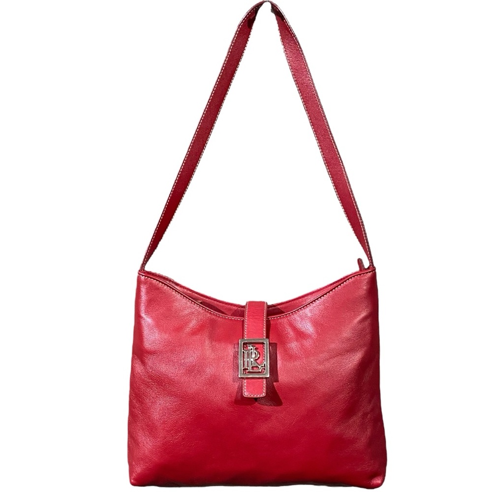 Lauren Ralph Lauren Red Shoulder Hobo Bag Metal Logo Accent Pocket Classic